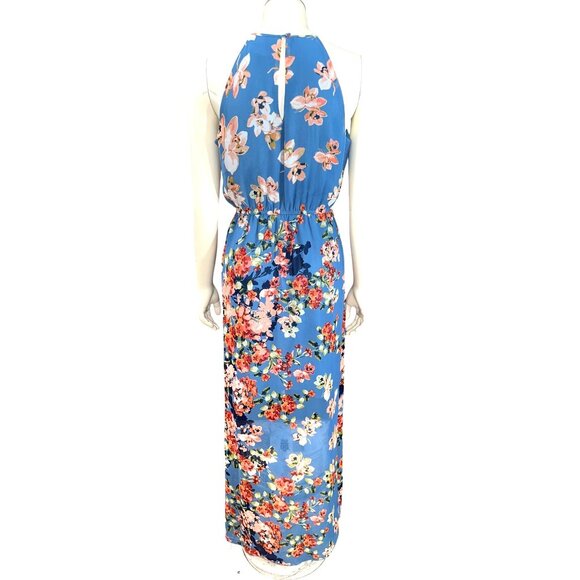 Sweet Storm S Blue Floral Halter Keyhole Lined Maxi Sundress Summer Boho Y2K 90s - Picture 4 of 13